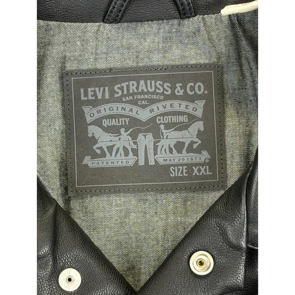 Levis Mens Black Faux Leather Trucker Jacket XXL Button Front - Picture 2 of 12